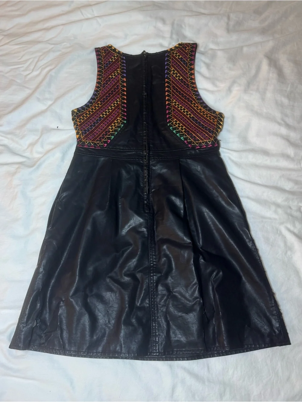 Free People Sleeveless Black Vegan-Leather Dress with Colorful Embroidered Yoke